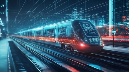 Fototapeta premium A futuristic transportation network featuring maglev trains and digital route displays 