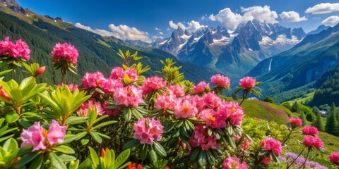 Obraz premium Vibrant pink rhododendron flowers bloom amidst lush green foliage, carpeting a serene summer mountain landscape with gentle slopes and majestic peaks in the background.
