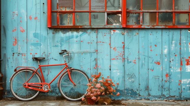 A vibrant urban scene featuring a red bicycle resting against a weathered blue wall with red-framed windows and a cluster of flowers in the foreground, creating a striking contrast of colors and
