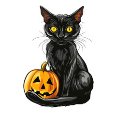 PNG Illustration of a black cat with glowing yellow eyes sitting beside a carved Halloween pumpkin.