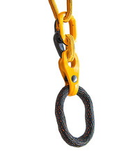 Obraz premium PNG Close-up of a yellow climbing carabiner with a looped rope, showcasing sturdy equipment for outdoor adventure.