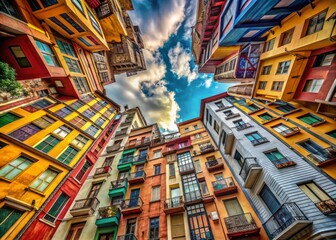 Fototapeta premium stunning, low-angle photograph of a vibrant cityscape, capturing diverse architectural styles, bold colors, and abstract patterns, celebrating urban diversity