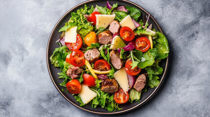 A fresh vegetable salad with chicken liver, including salad leaves served on a plate. Top view of a diet-friendly meal. --ar 16:9 --v 6.1 Job ID: dbb21f6f-71ae-48f8-a321-314a01a98c52