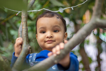 innocent toddler holding tree branch with cute facial expression at day from flat angle