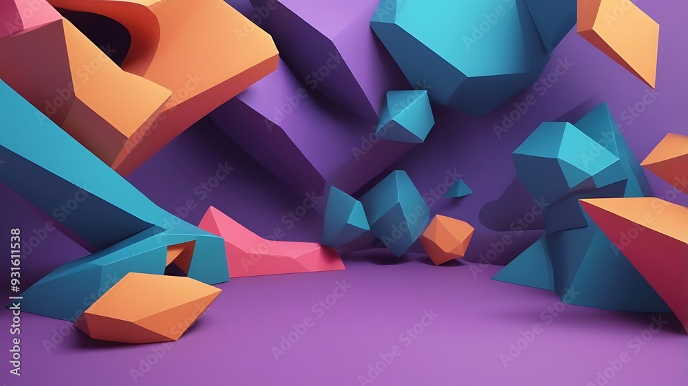 Poster digital abstract artwork featuring a dynamic composition of swirling shapes and spheres, vibrant mix