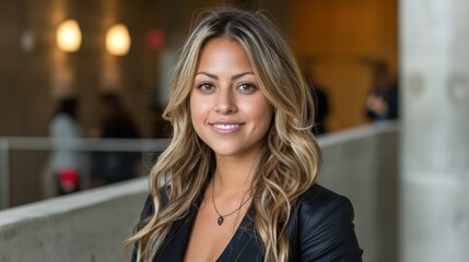 Obraz premium Portrait of a young woman with blonde wavy hair in a black blazer smiling confidently while standing indoors with a soft-focus background