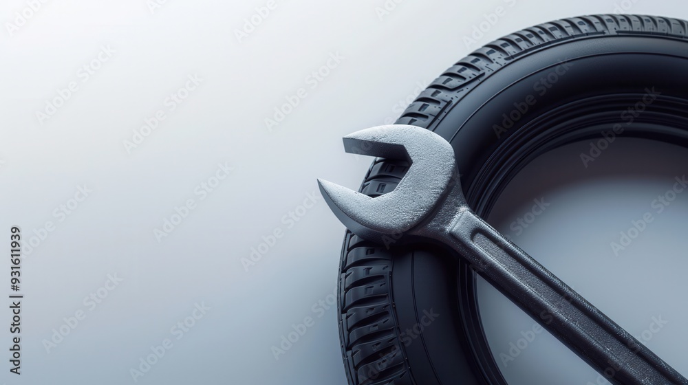 Aufkleber A wrench rests next to a tire on a clean surface, representing the tools used for tire repair and automotive maintenance. Generative AI