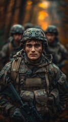 Obraz premium A group of soldiers in full military gear, with a focused and determined expression, navigates through a dense forest environment during an autumn training exercise