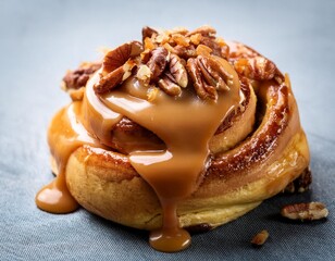 Fototapeta premium dulce de leche spread over a warm cinnamon roll, with caramel sauce and chopped pecans nuts - argentinian sweet dessert