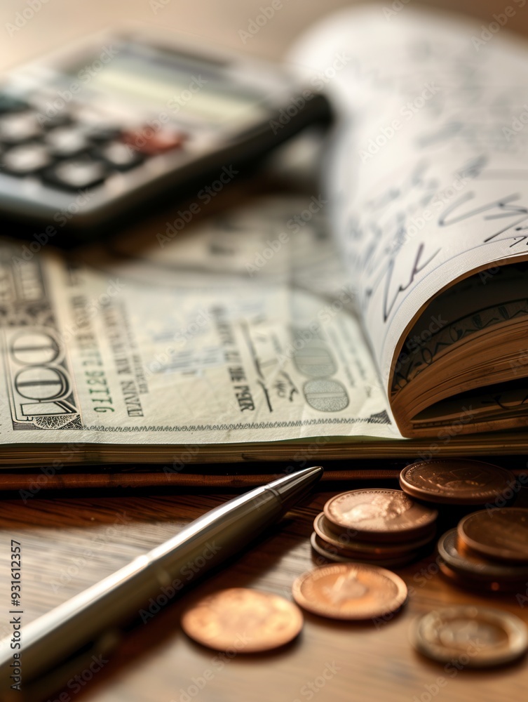 Aufkleber A stack of cash and coins rests beside an open notebook filled with financial notes and calculations, reflecting careful money management. Generative AI