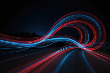 Naklejka premium Blue and red light painting photography, long exposure fairy blue and red lights curves and waves against a black background. 