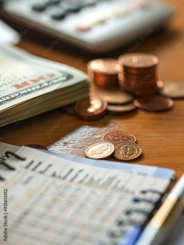 Poster A stack of cash, scattered coins, and an open notebook filled with financial notes and calculations are arranged on a wooden table. Generative AI
