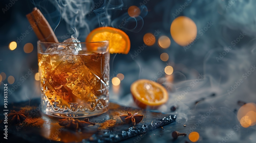 Aufkleber smoked old fashioned rum cocktail or whiskey with ice and cinnamon stick on old black rocks with sli