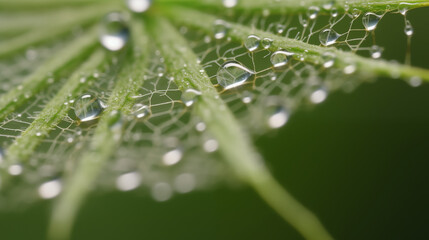 Raindrops On Detailed Leaf Vein Structure With Spider Web