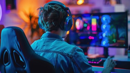 Fototapeta premium A gamer focused on a colorful computer screen, wearing headphones in a vibrant room.