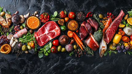 A large photo collage featuring dishes of meat, fish, vegetables, and fruits, set against a black stone background. Banner style. --ar 16:9 --v 6.1 Job ID: ce561787-a055-4582-9425-fc6fe979e624