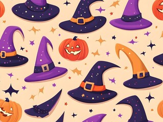 Playful Witch Hats in Seamless Halloween Themed Cartoon Pattern Design