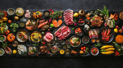 A large photo collage featuring dishes of meat, fish, vegetables, and fruits, set against a black stone background. Banner style. --ar 16:9 --v 6.1 Job ID: ce561787-a055-4582-9425-fc6fe979e624