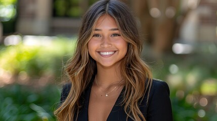 Fototapeta premium A young woman with long, brown hair, wearing a black top and a necklace, standing outdoors smiling warmly with blurred greenery in the background