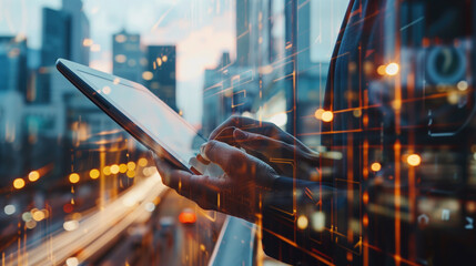 Person using tablet with cityscape and abstract digital overlay suggesting technology and innovation. Represents themes of digital transformation, urban development, and modern business.