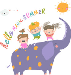 Happy kids with big elephant meet summer