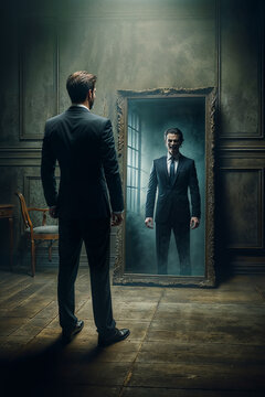 Executive in business suite watching himself in the mirror and see someone else which is not actually him, but his sinister side