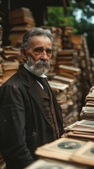 Elderly man with a distinguished white beard standing among stacks of vintage books, appearing thoughtful, captured in an outdoor setting amidst numerous book piles