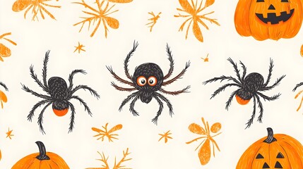Cute Cartoon Spider Halloween Seamless Pattern with Pumpkins