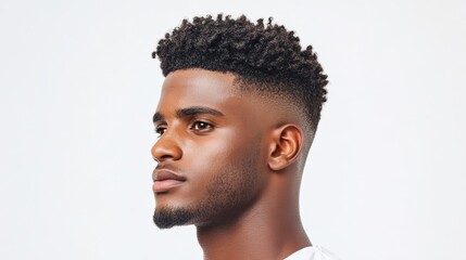 Obraz premium A Boosie fade haircut styled with a slight texture on top, showing the transition from the longer top to the faded sides, white background 