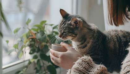 Owner feeding cute cat at home