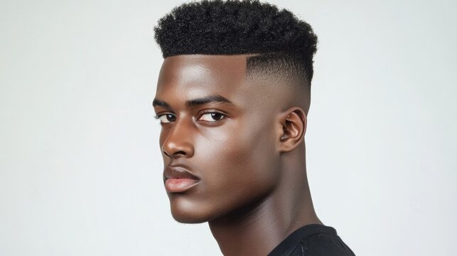 A Boosie fade haircut styled with a slight texture on top, showing the transition from the longer top to the faded sides, white background 