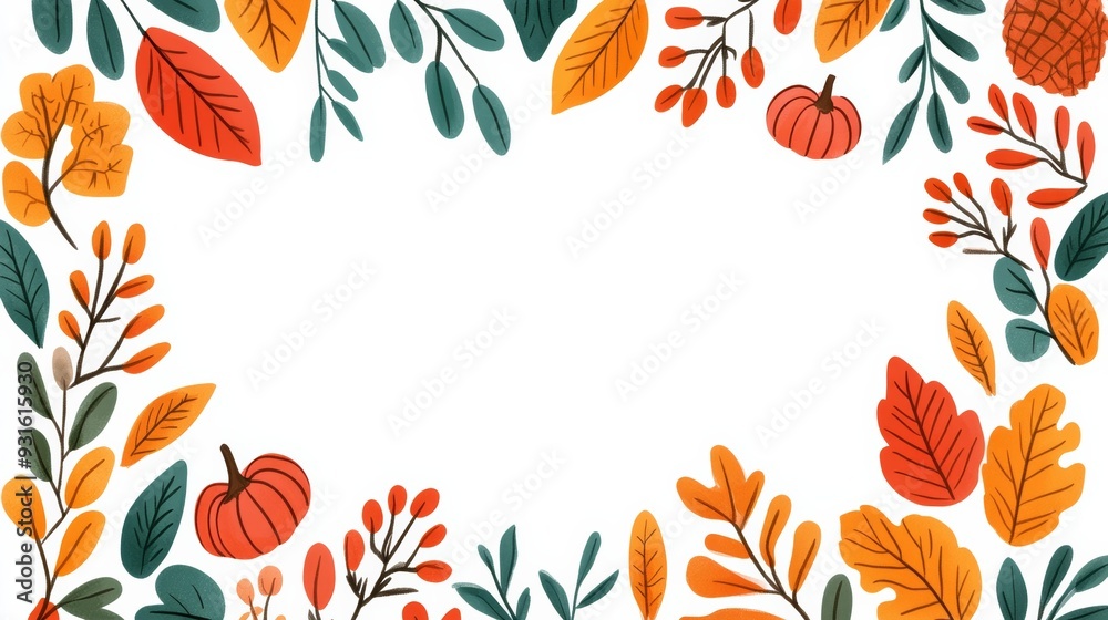 Wall mural A festive autumn frame with colorful leaves, cornucopia, and harvest motifs, perfect for a Thanksgiving theme 