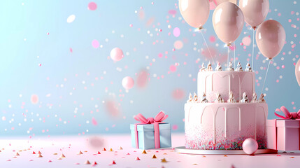 3d realistic vector.birthday cake with balloon party,happy birthday card.
