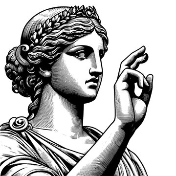 recommend clip art: Greek goddess bust, detailed facial expression, laurel wreath, traditional attire sketch engraving generative ai fictional character PNG illustration. Scratch board imitation. Black and white image