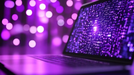 Abstract laptop screen with flashing discount codes surrounded by digital confetti and swirling data streams Cyber Monday concept in bold purple tones 