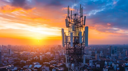 5g sunset cell tower cellular communications tower for mobile phone and video data transmission