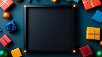 Black Friday banner with a black frame, neon lights outlining the edges, shopping icons in the corners, space for promo text in the center 