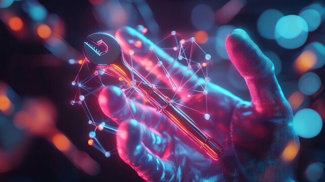 Renovation Repair concept. Tools 3d icon on the abstract human hand made with atom array and plexus effect. Neon lighting, selective focus