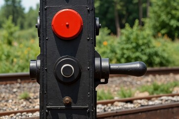 Hand-operated vintage railroad switch with lever, weight and signal closeup