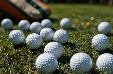 Image of a sports atmosphere with colorful golf balls, clubs, and tees placed on the green grass.