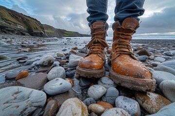 Close-up image of a person wearing sturdy, water-resistant brown boots standing on a rocky beach, with rugged coastal cliffs in the background and an overcast sky overhead