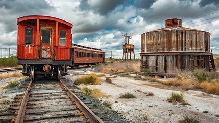 Obraz premium A caboose on railroad tracks and elevated wooden water storage tank in fort texas selective focus on the tracks