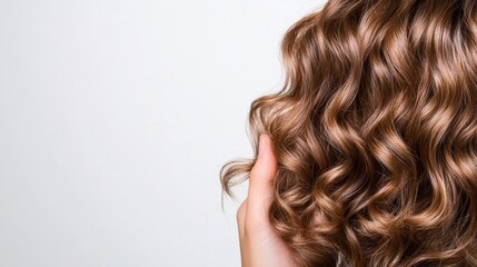 Closeup of a hand scrunching wavy hair to enhance the natural texture, showcasing defined, hydrated waves, white background 