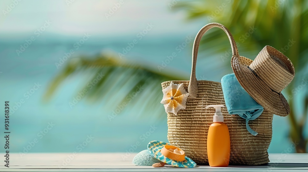 Wall mural female bag with beach accessories and bottle of sunscreen cream on white background : generative ai