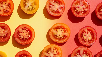 A pattern of tomato slices on a yellow and red ombre background.