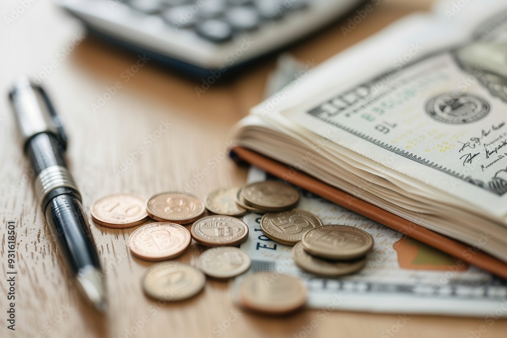 Fototapete a stack of cash and coins accompany an open notebook filled with financial notes and calculations on