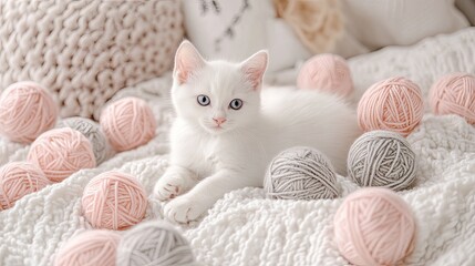 A cute kitten with striking blue eyes plays amongst pink and gray yarn balls on a soft white blanket, showcasing its playful nature