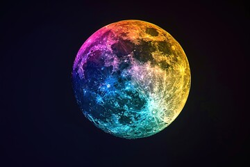 A vibrant, colorful depiction of the moon, showcasing a blend of hues and cosmic textures.