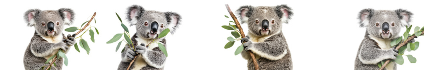 Fototapeta premium Adorable Koala Collection Holding Eucalyptus Branches - Isolated on White Transparent Background, PNG 