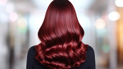 Dark mahogany hair styled in voluminous curls, with a soft focus background of warm tones 